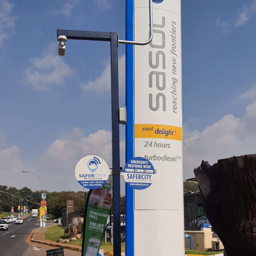 A Safer City ANPR camera mounted on a pole, with Safer City branding