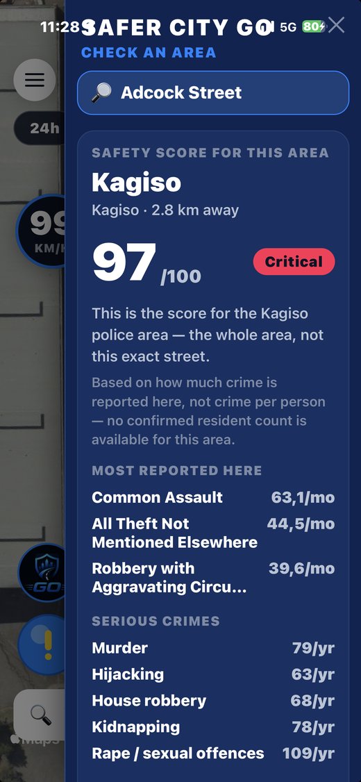 Area safety score for a suburb in the app