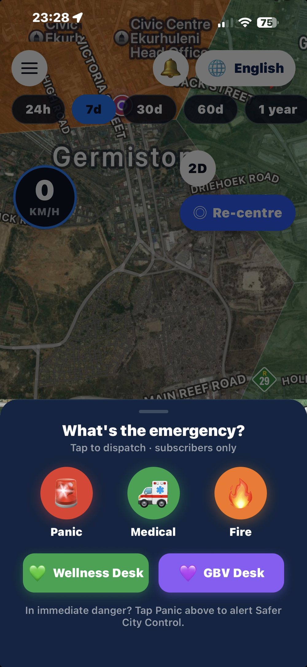 One-tap emergency dispatch — Panic, Medical, Fire, Wellness and GBV desks
