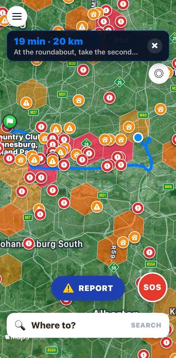 Safer City GO mobile app showing crime-aware navigation through a hex heatmap, with a safer route plotted around hot zones, REPORT and SOS buttons, and turn-by-turn directions