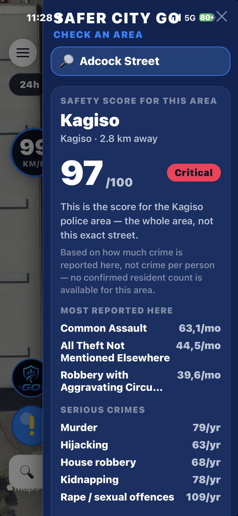 Safer City GO app - Check an area safety score for Kagiso: 97 out of 100 Critical, with most-reported crimes and serious crime rates per year