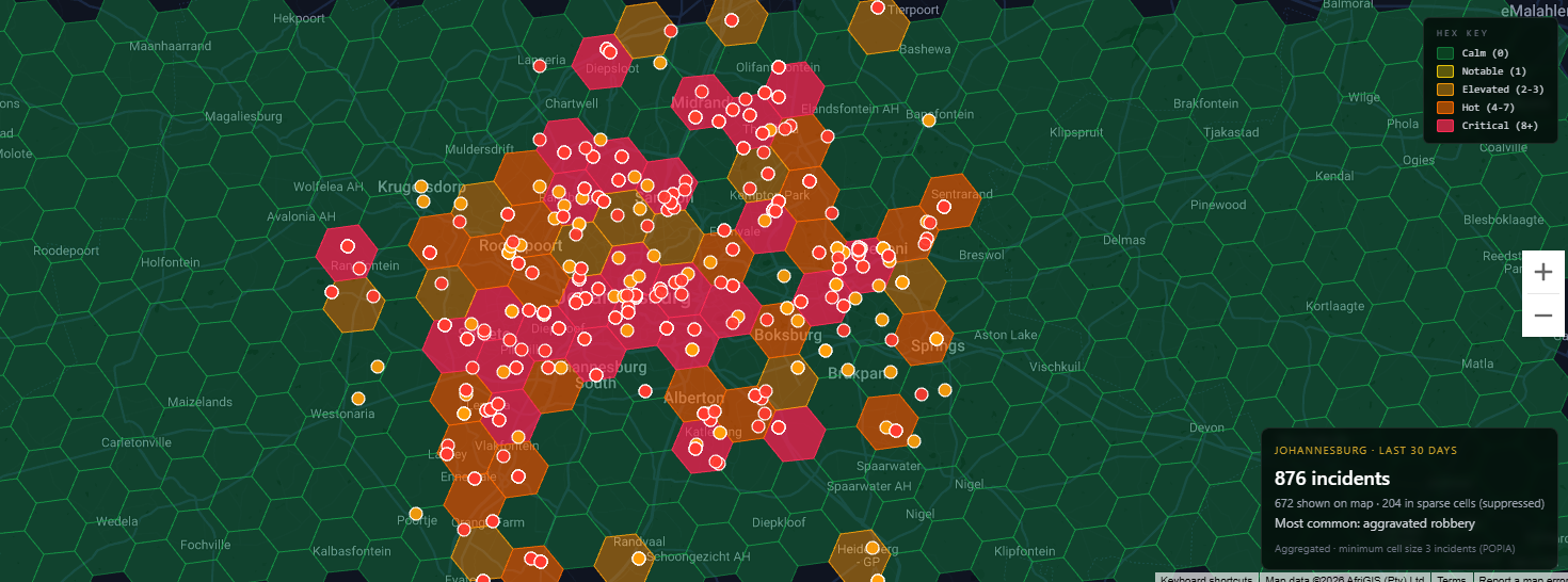 Safer City crime intelligence dashboard showing hex heatmap of Greater Johannesburg with critical, hot, elevated, notable and calm severity zones, plus incident cluster counts